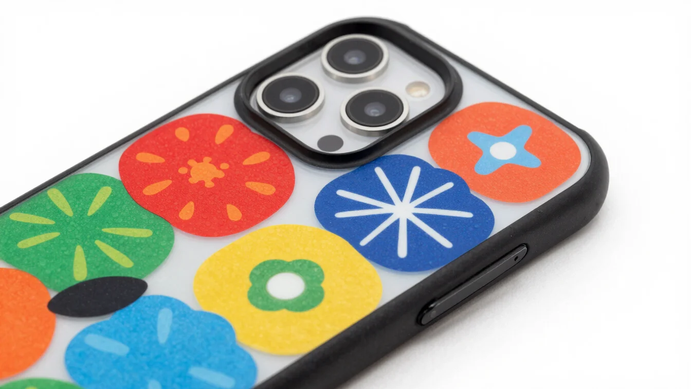Macro close-up of an iPhone case showcasing a complex custom patt