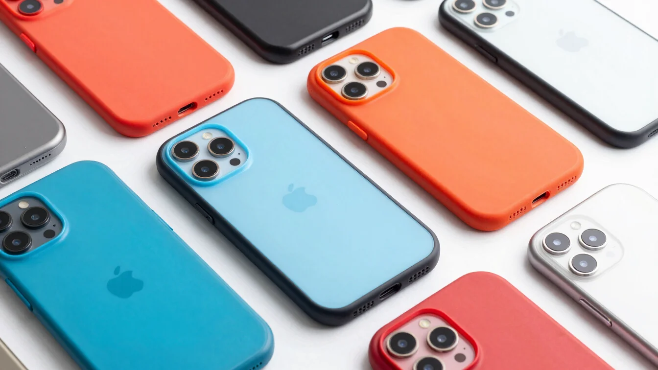 Flat-lay composition of multiple iPhone cases with different desi