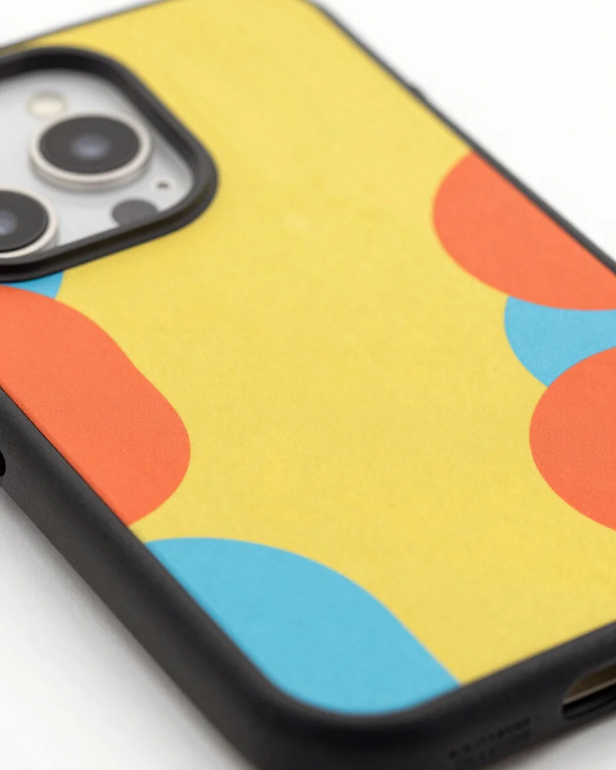 Macro close-up of a vibrant patterned iPhone case, showcasing crisp print detail and precision cutouts around the camera